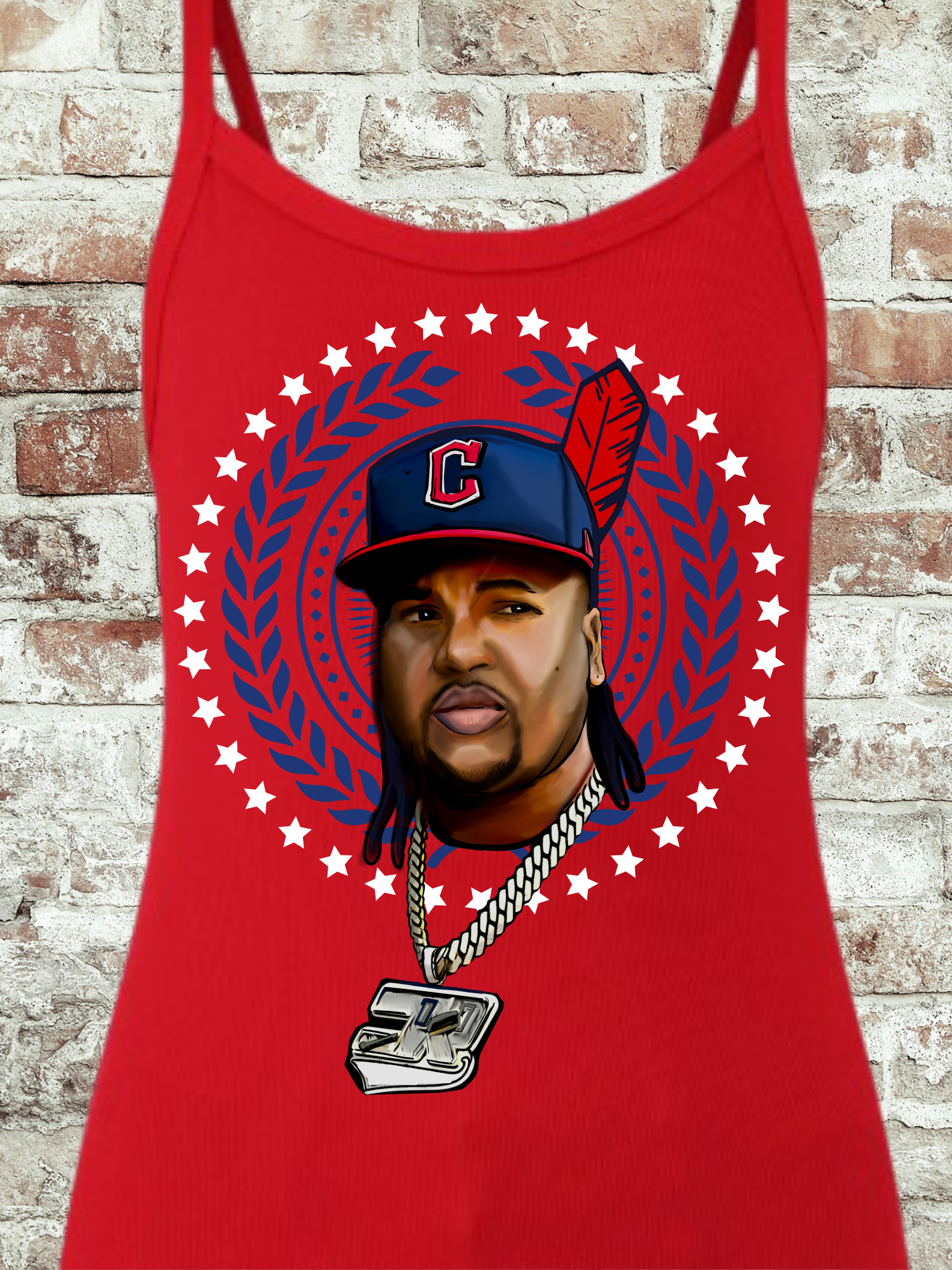 Red v-neck women's t-shirt featuring Cleveland baseball star inspired fan art with bold graphic and feather detail, perfect for game day wear

