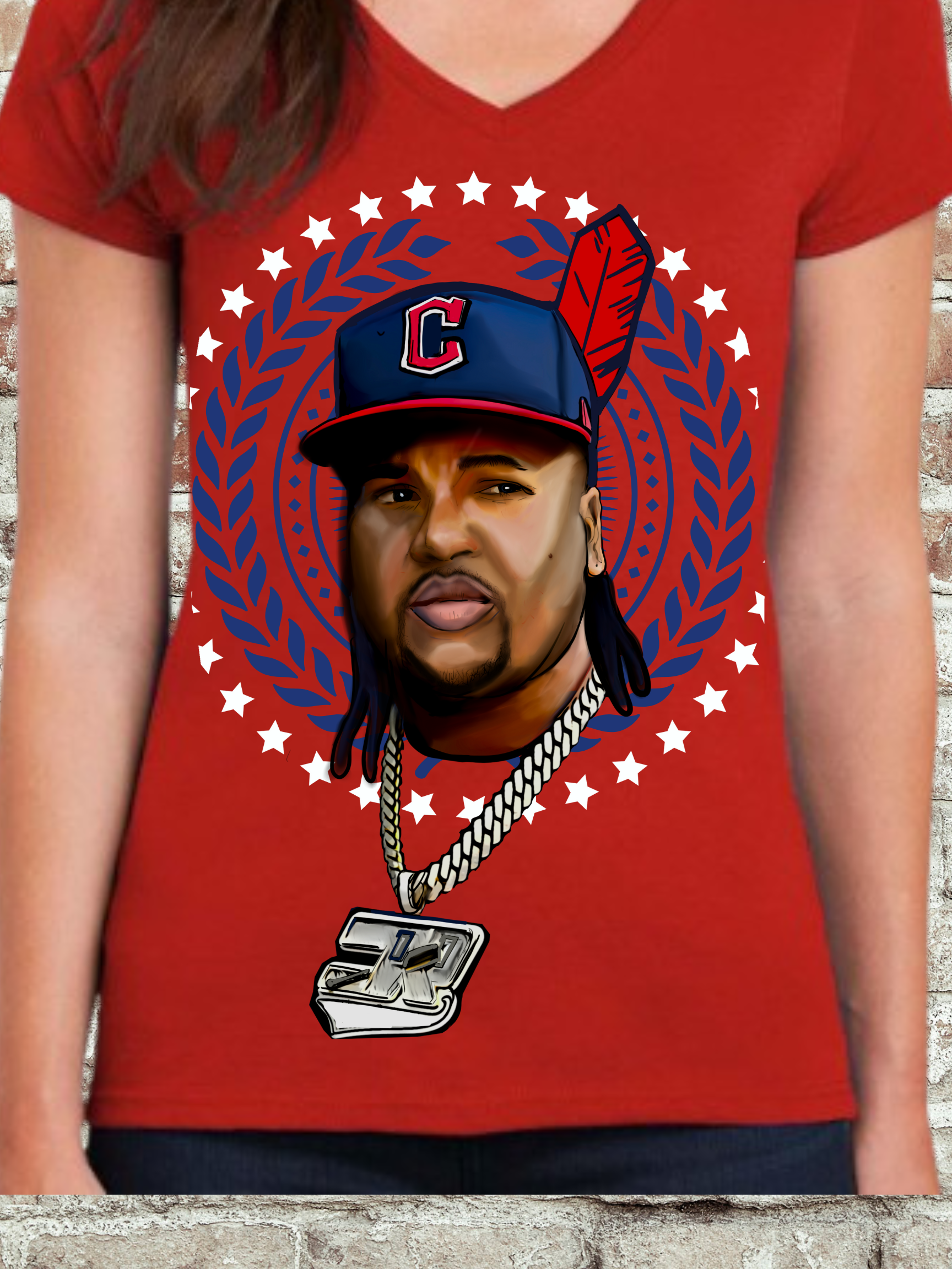 Red v-neck women's t-shirt featuring Cleveland baseball star inspired fan art with bold graphic and feather detail, perfect for game day wear

