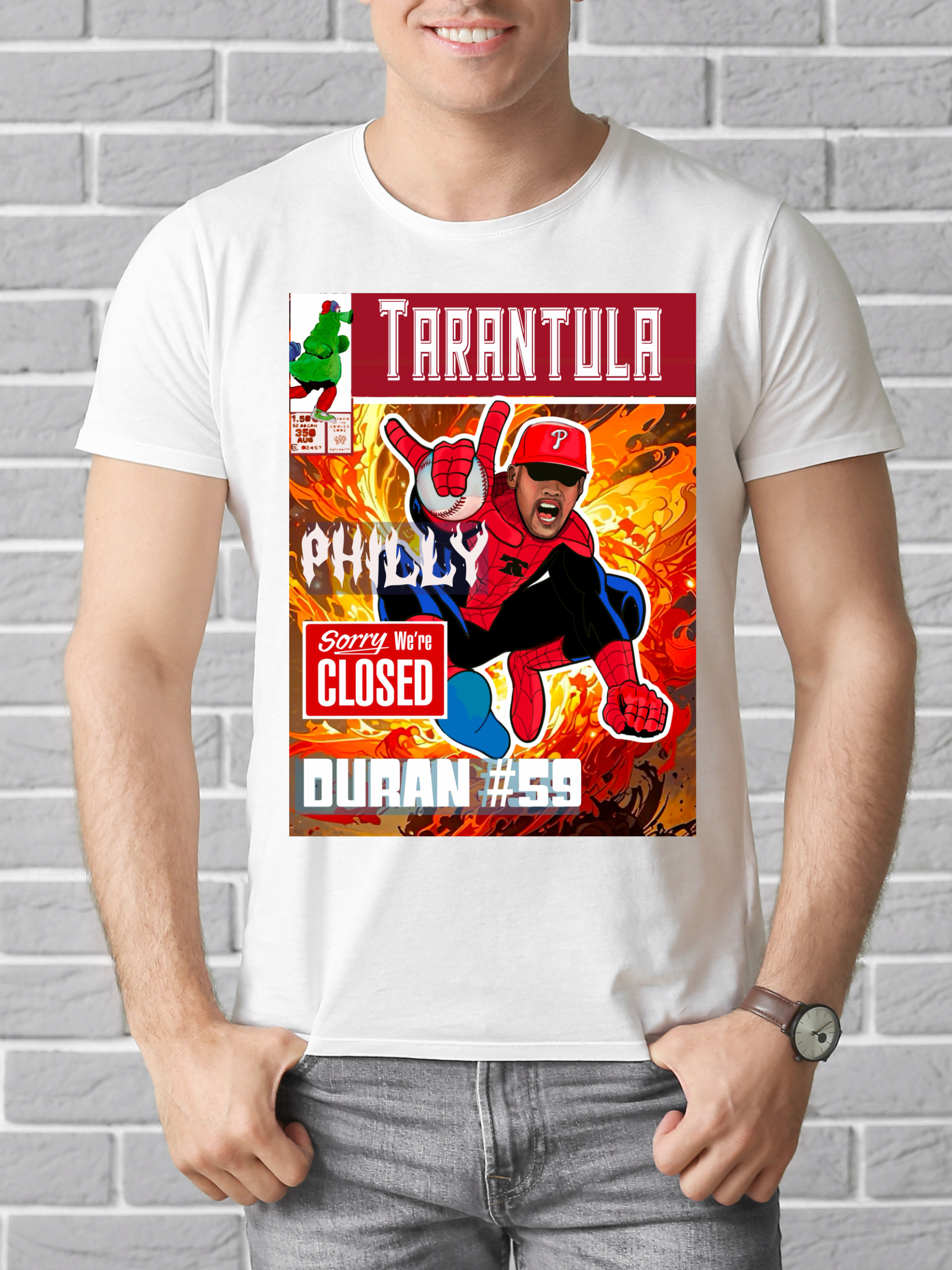🔥 Johan Duran Tarantula inspired #59 Tee – Philly Pitching Power Comic Shirt (Mens)