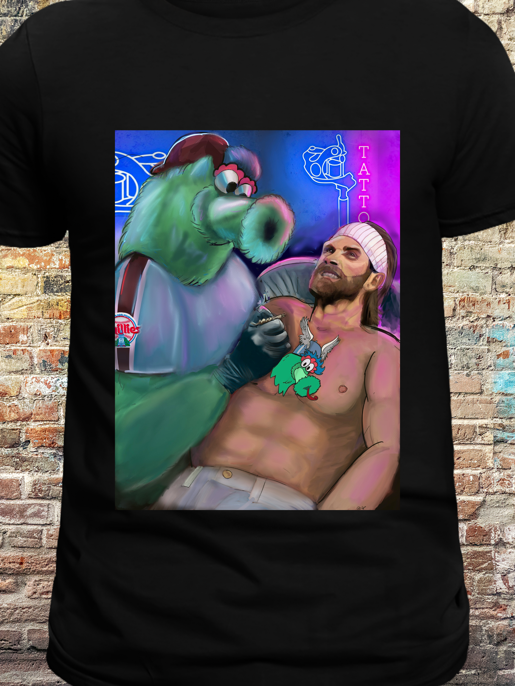 "Illustration of a green mascot giving a tattoo to a baseball player with long hair and a headband, featuring neon lights and a humorous Philly sports vibe"