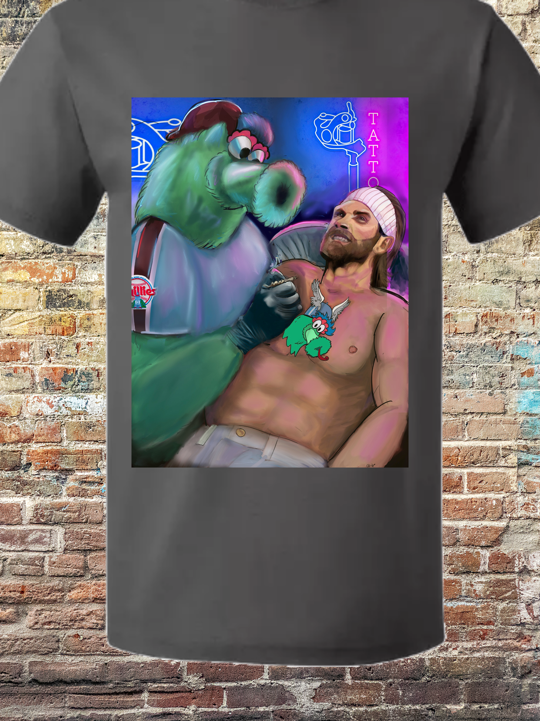 "Illustration of a green mascot giving a tattoo to a baseball player with long hair and a headband, featuring neon lights and a humorous Philly sports vibe"