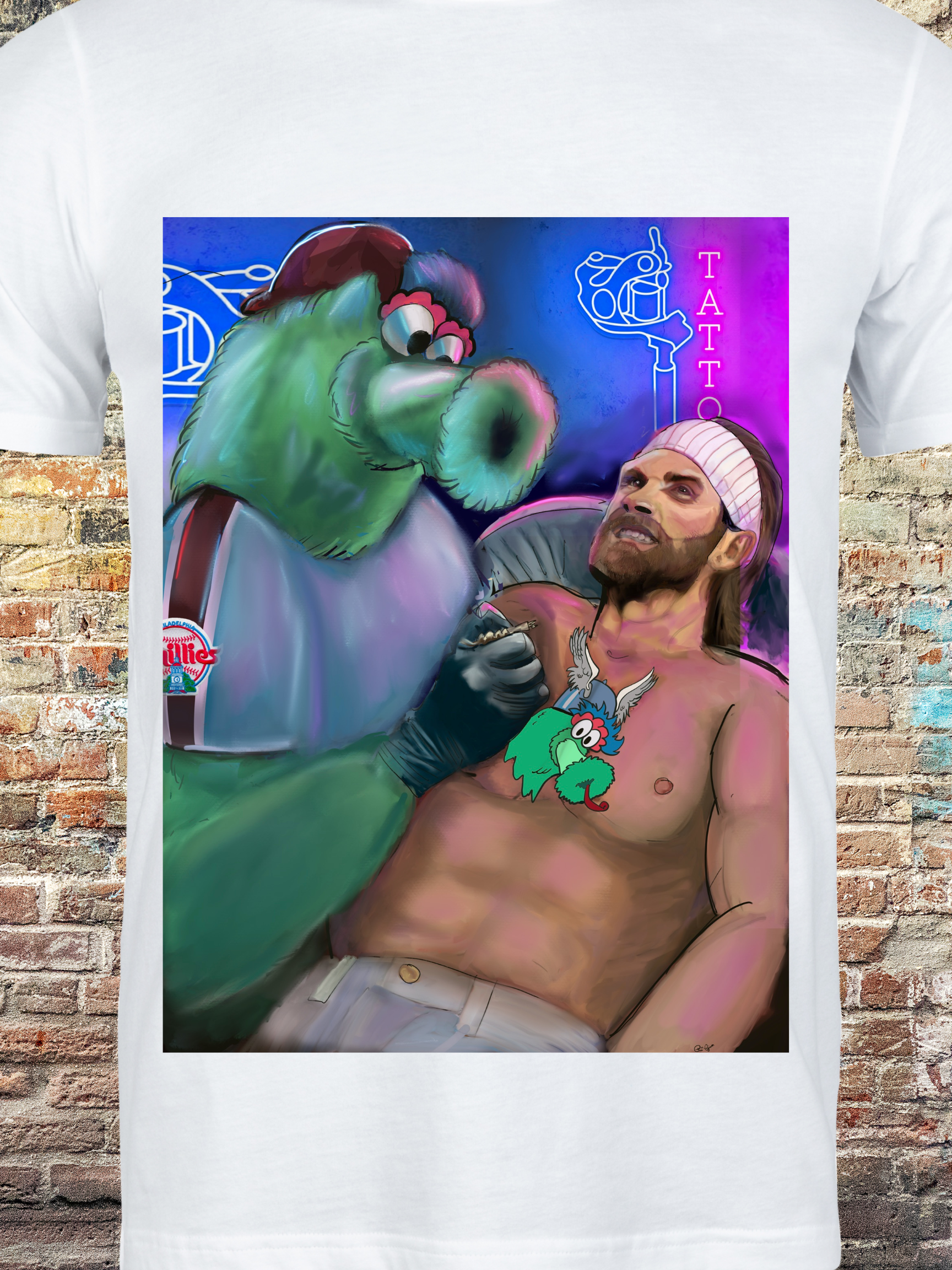 "Illustration of a green mascot giving a tattoo to a baseball player with long hair and a headband, featuring neon lights and a humorous Philly sports vibe"
