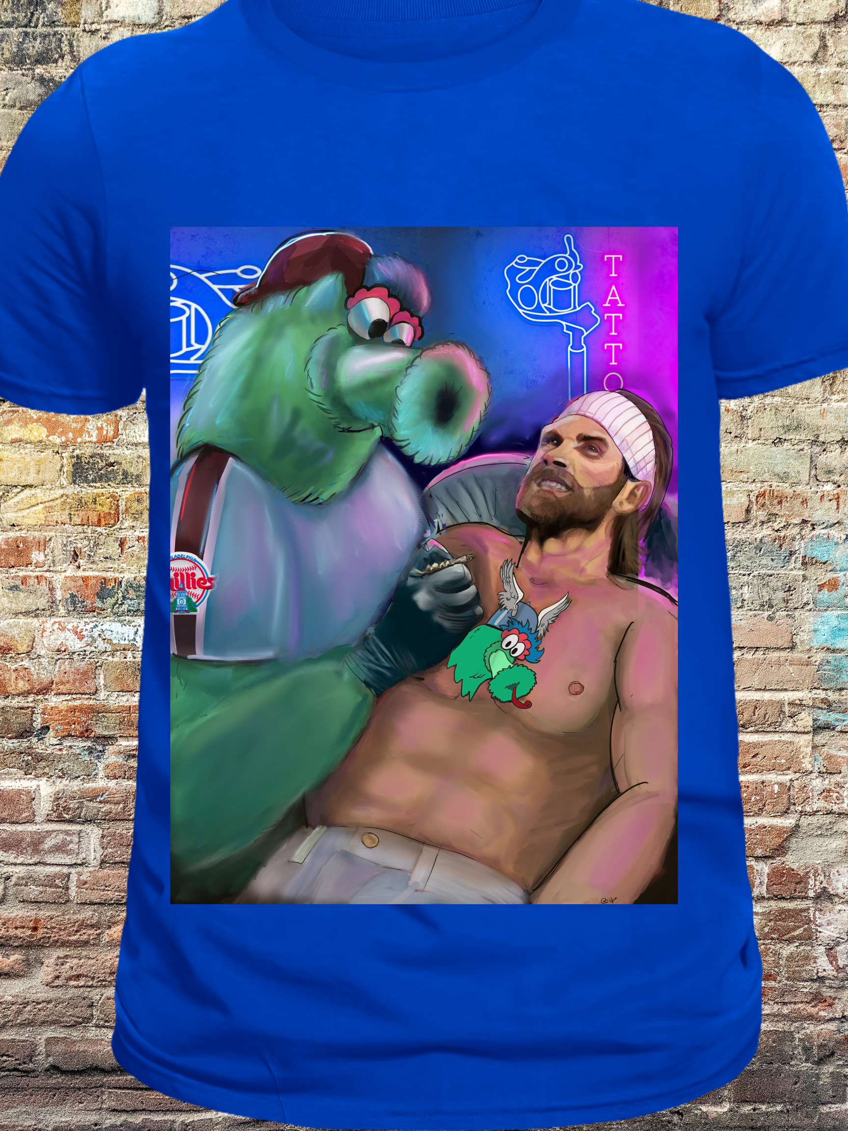 "Illustration of a green mascot giving a tattoo to a baseball player with long hair and a headband, featuring neon lights and a humorous Philly sports vibe"
