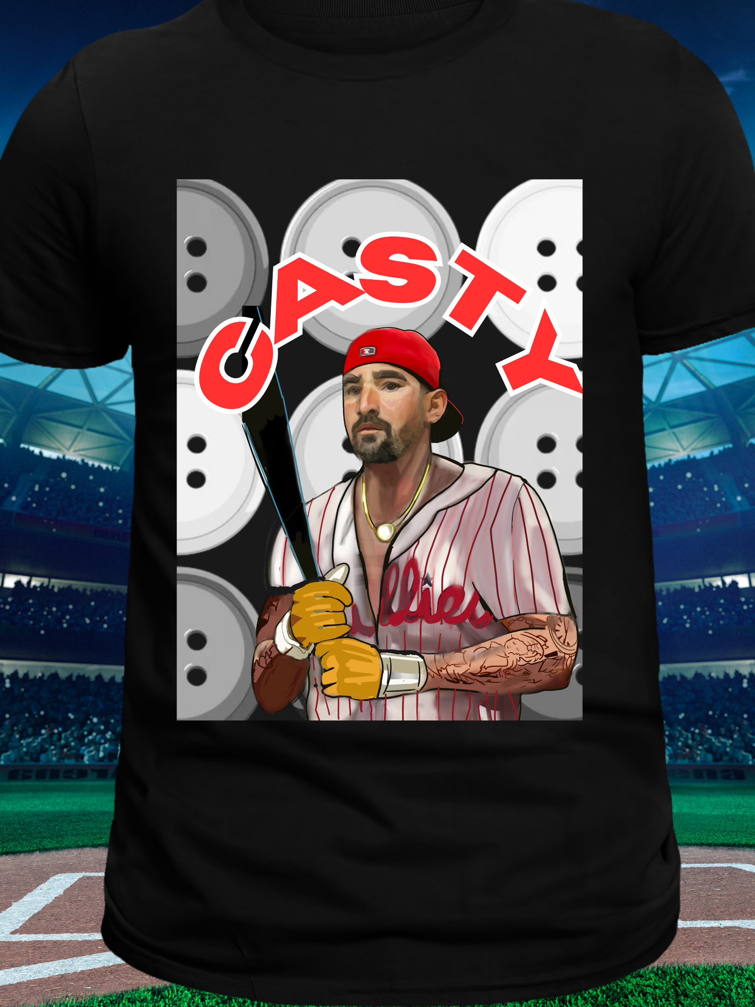 Illustrated Philly Baseball Player “CASTY” Tee – No Buttons No Problem Shirt for Fans