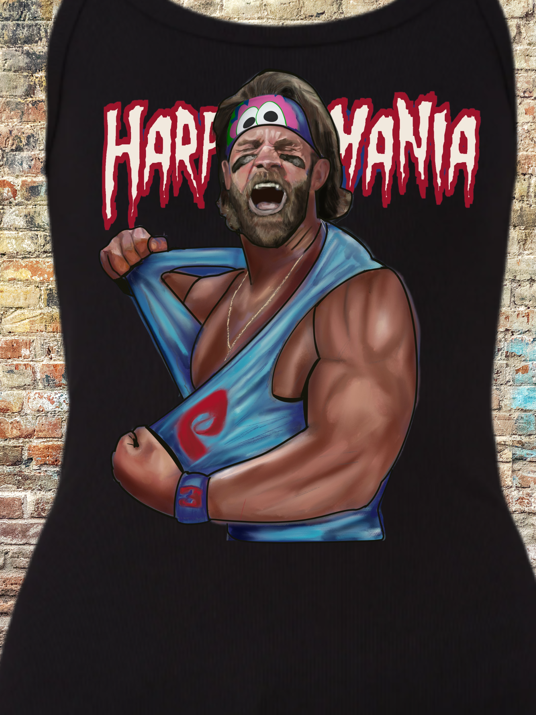 lustration of a muscular man tearing open a light blue tank top with a retro wrestling pose, featuring a colorful headband and dramatic facial expression, under the bold red text “Harpymania” on a brick wall background.

