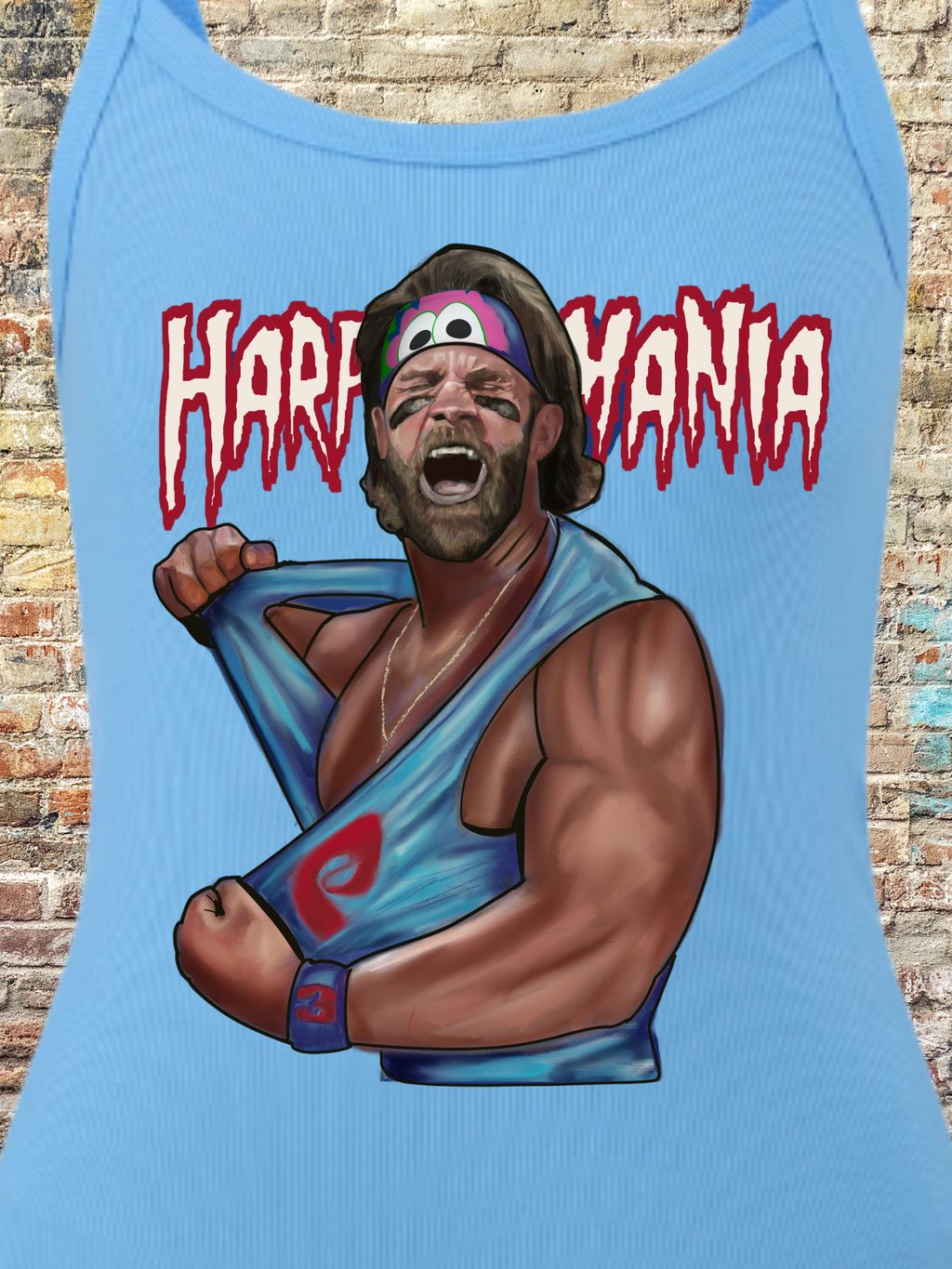 lustration of a muscular man tearing open a light blue tank top with a retro wrestling pose, featuring a colorful headband and dramatic facial expression, under the bold red text “Harpymania” on a brick wall background.

