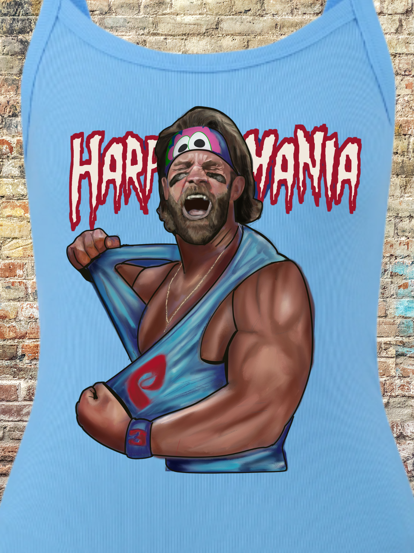 lustration of a muscular man tearing open a light blue tank top with a retro wrestling pose, featuring a colorful headband and dramatic facial expression, under the bold red text “Harpymania” on a brick wall background.

