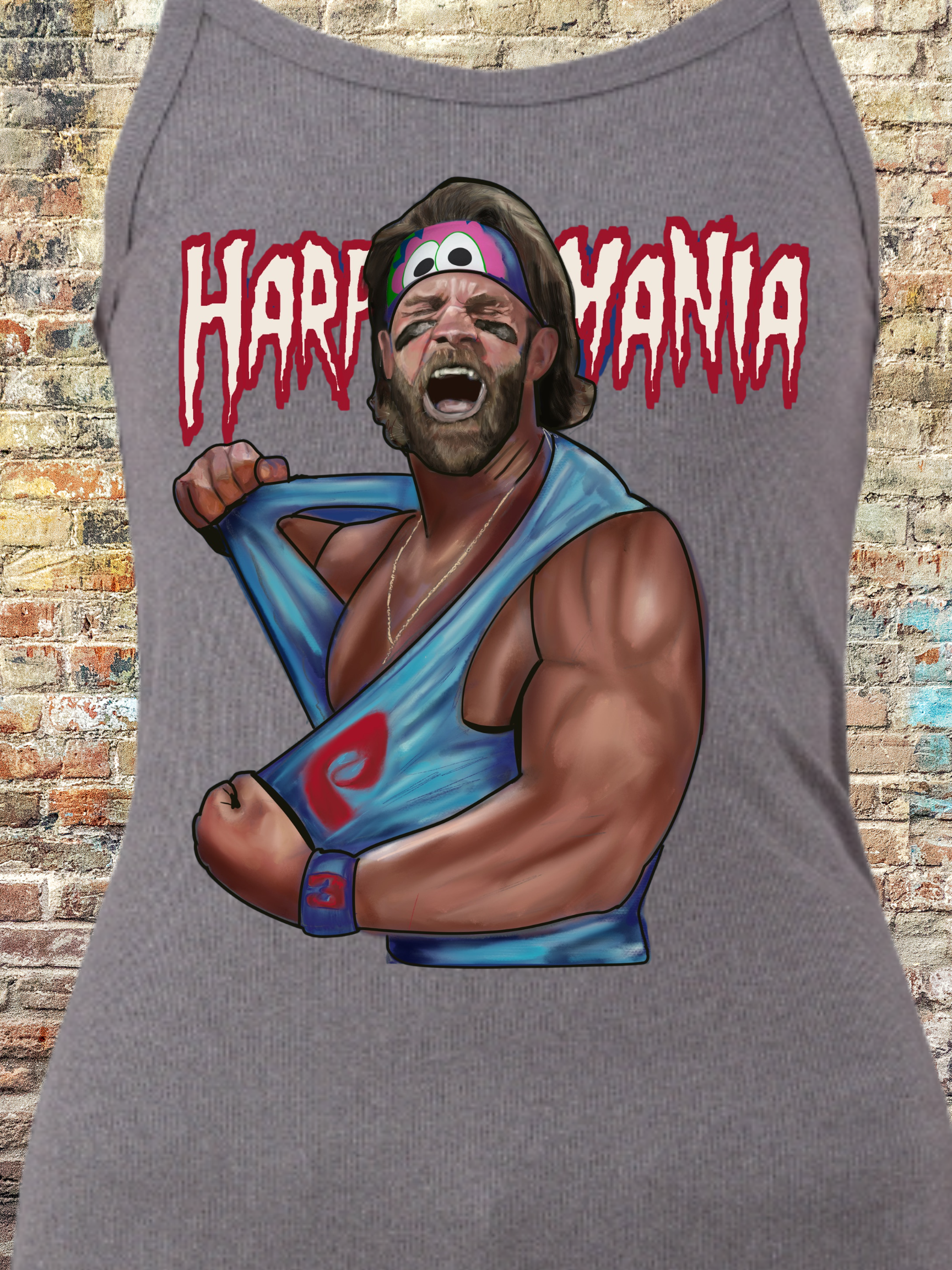 lustration of a muscular man tearing open a light blue tank top with a retro wrestling pose, featuring a colorful headband and dramatic facial expression, under the bold red text “Harpymania” on a brick wall background.

