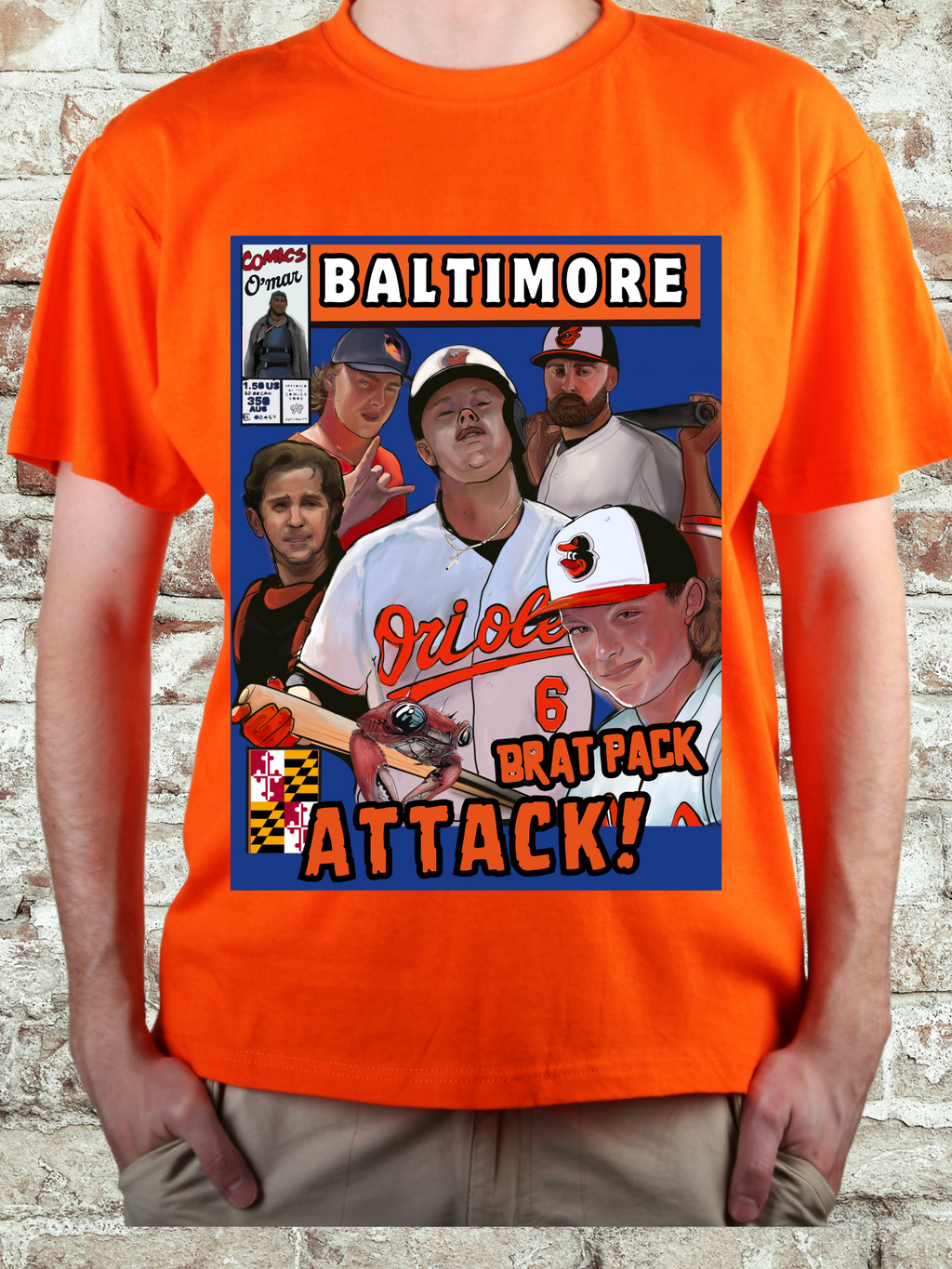 Comic-style t-shirt featuring Baltimore baseball players, Maryland crab, and retro Brat Pack design