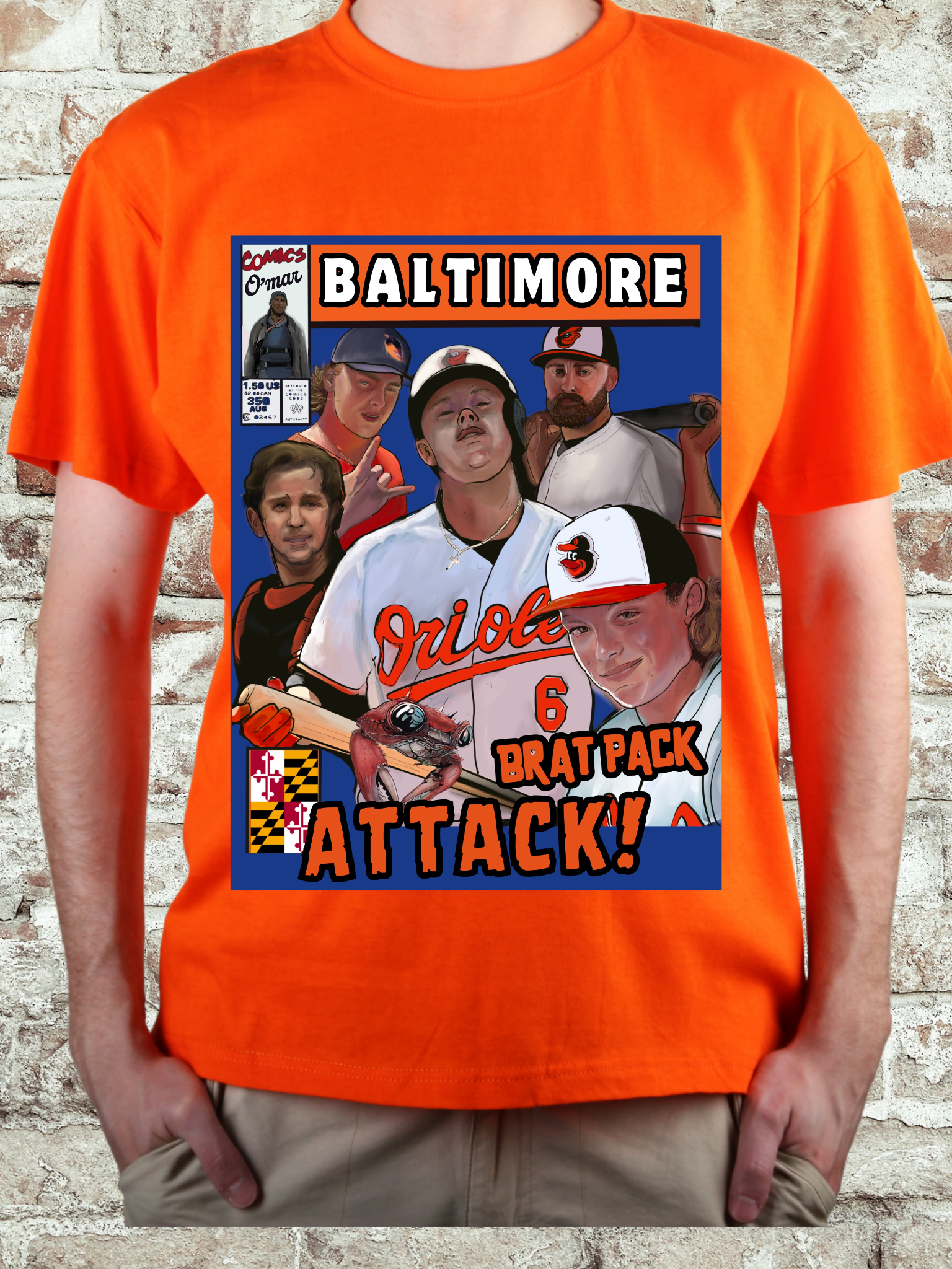 Comic-style t-shirt featuring Baltimore baseball players, Maryland crab, and retro Brat Pack design