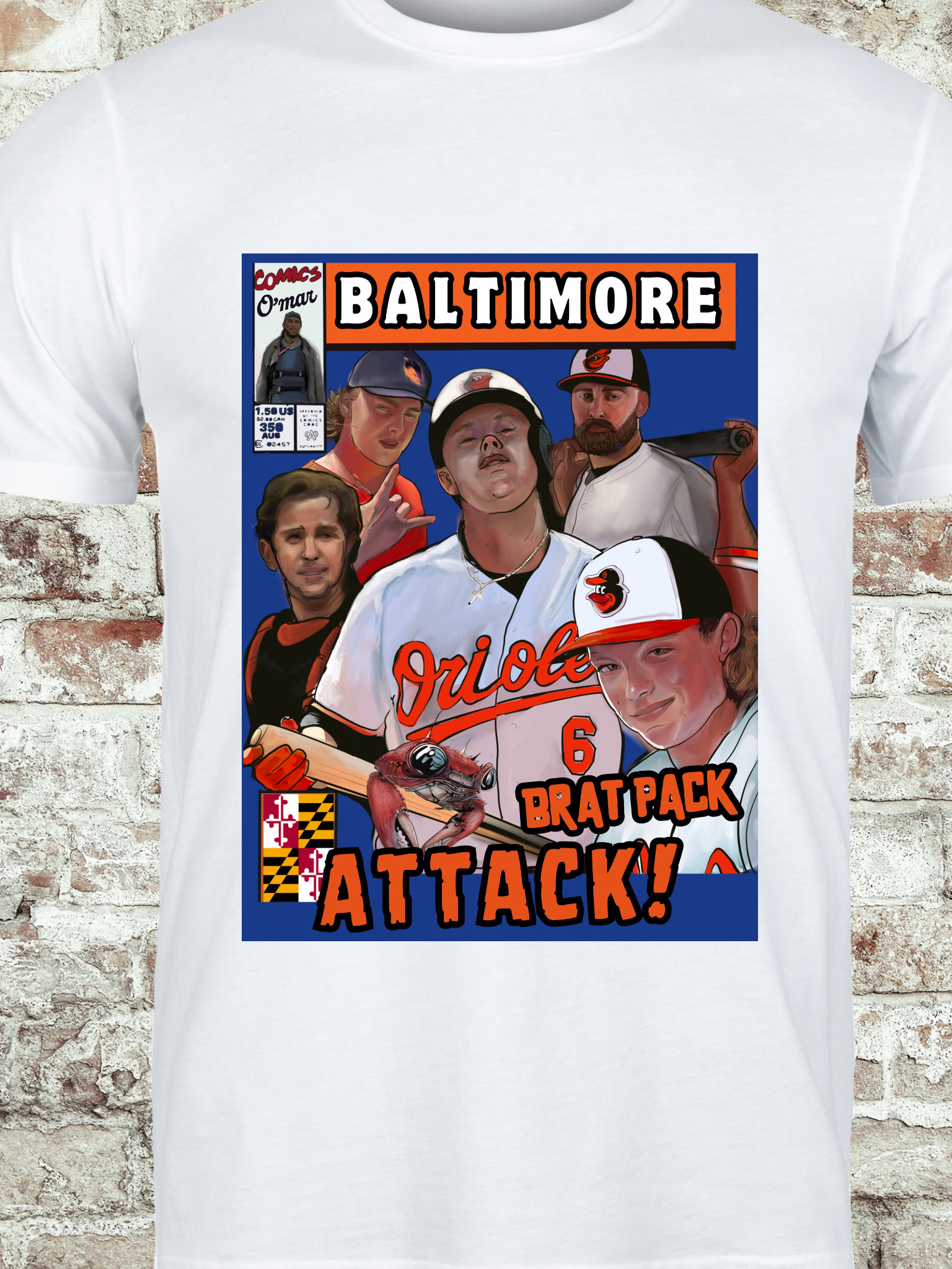 Comic-style t-shirt featuring Baltimore baseball players, Maryland crab, and retro Brat Pack design