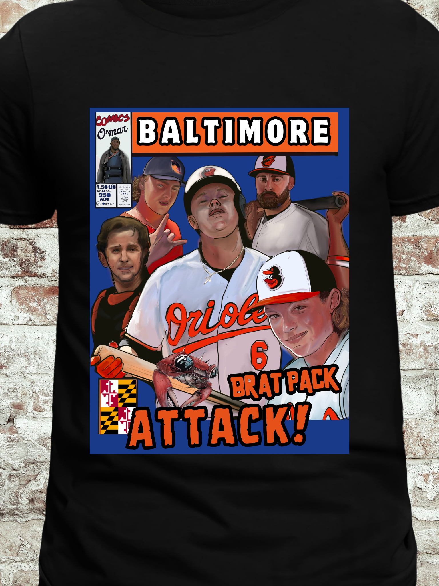 Comic-style t-shirt featuring Baltimore baseball players, Maryland crab, and retro Brat Pack design