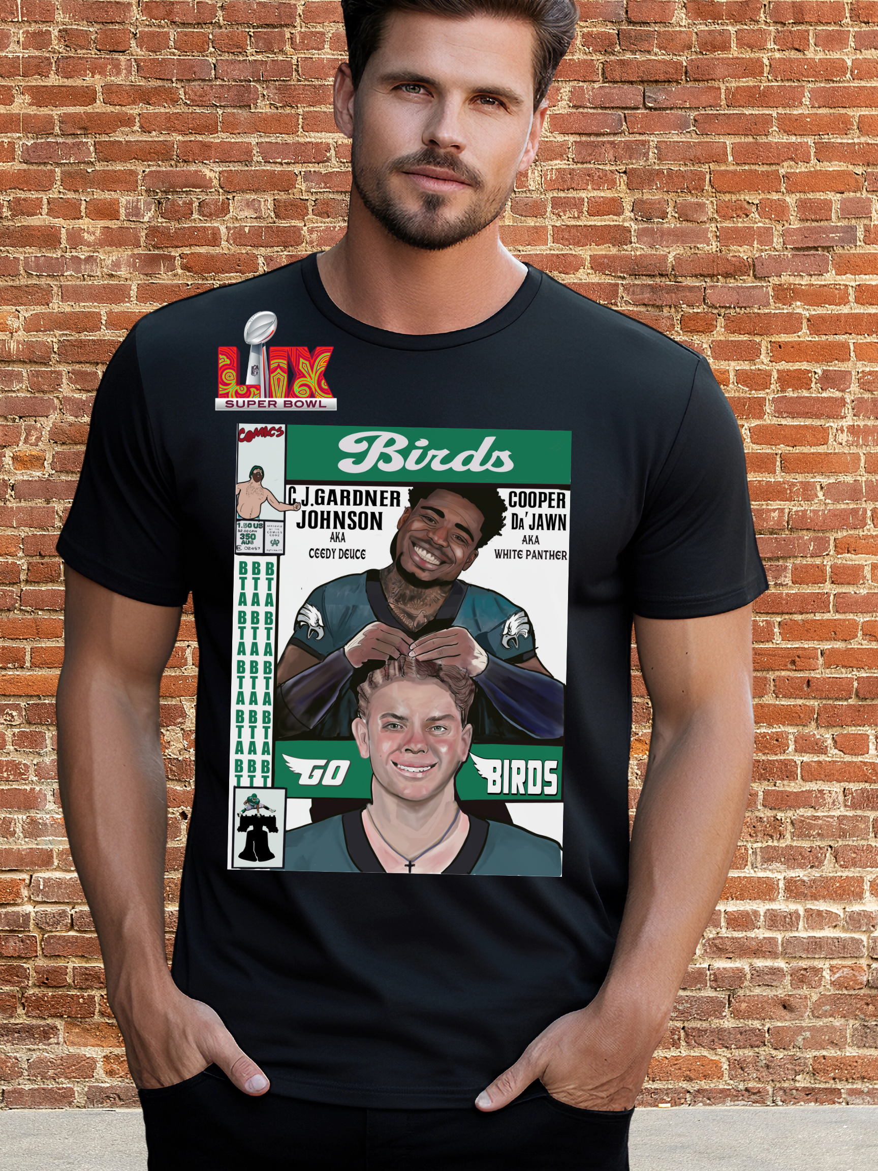 Black t-shirt featuring a comic book-style illustration of two Philly football players with text "Birds," "Super Bowl," and nicknames "Ceedy Deuce" and "White Panther"