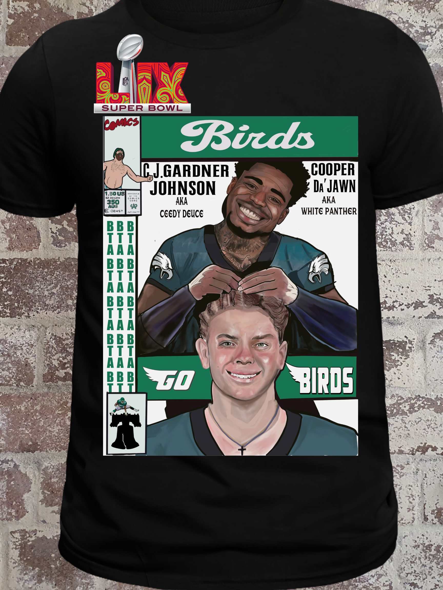 Black t-shirt featuring a comic book-style illustration of two Philly football players with text "Birds," "Super Bowl," and nicknames "Ceedy Deuce" and "White Panther"