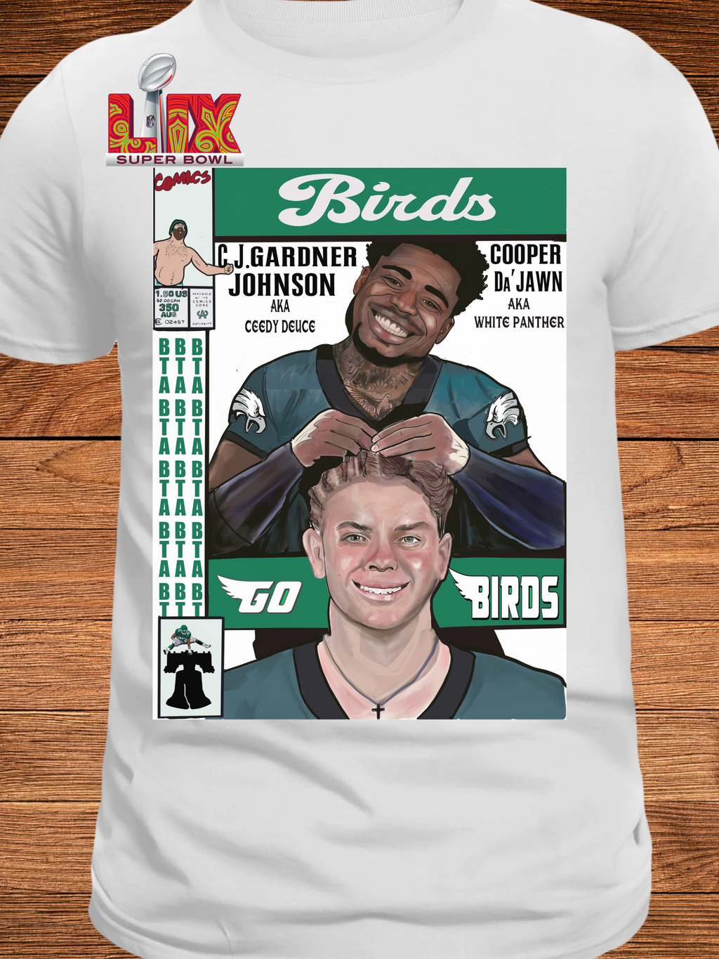 white t-shirt featuring a comic book-style illustration of two Philly football players with text "Birds," "Super Bowl," and nicknames "Ceedy Deuce" and "White Panther"