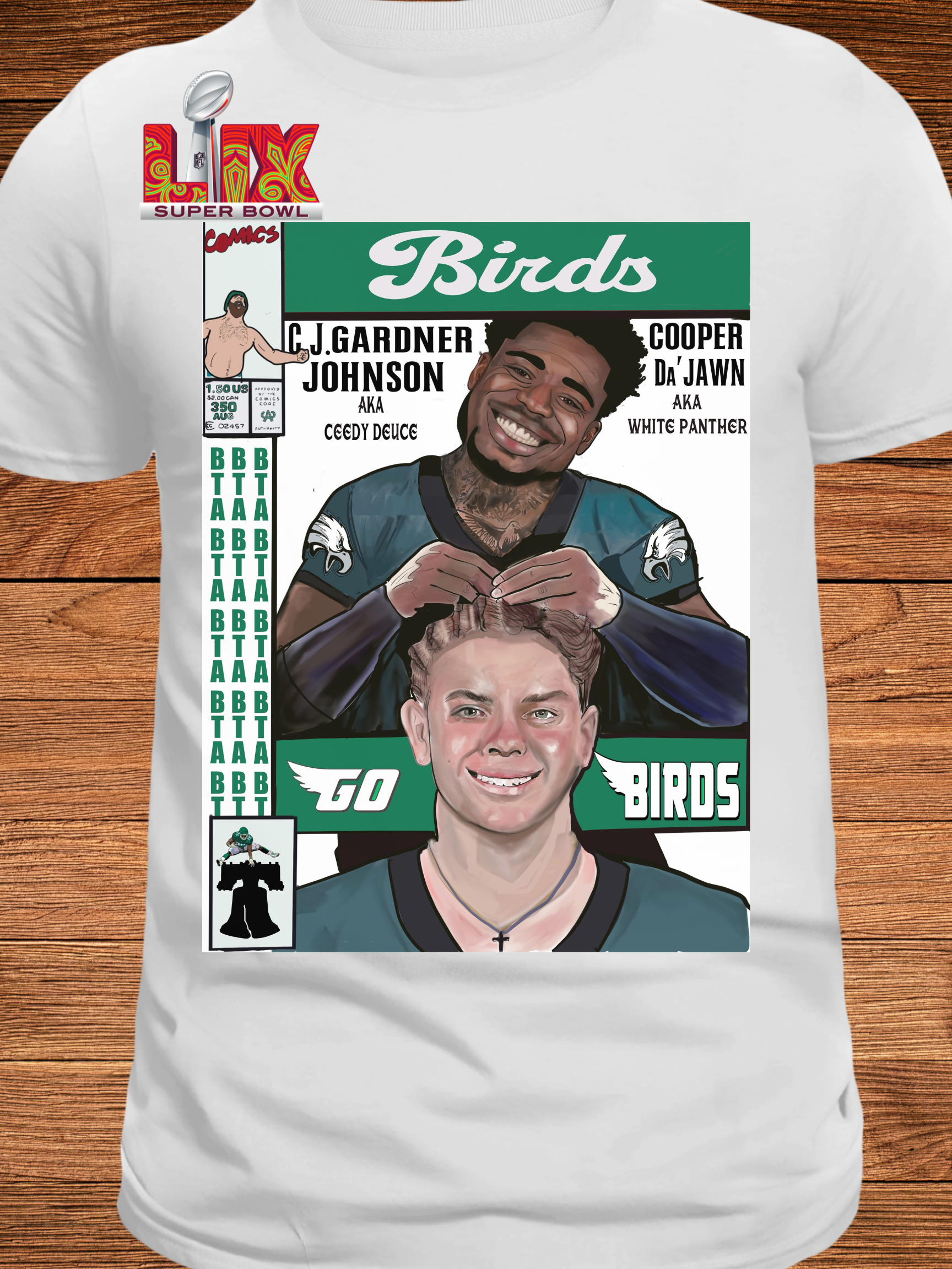 white t-shirt featuring a comic book-style illustration of two Philly football players with text "Birds," "Super Bowl," and nicknames "Ceedy Deuce" and "White Panther"