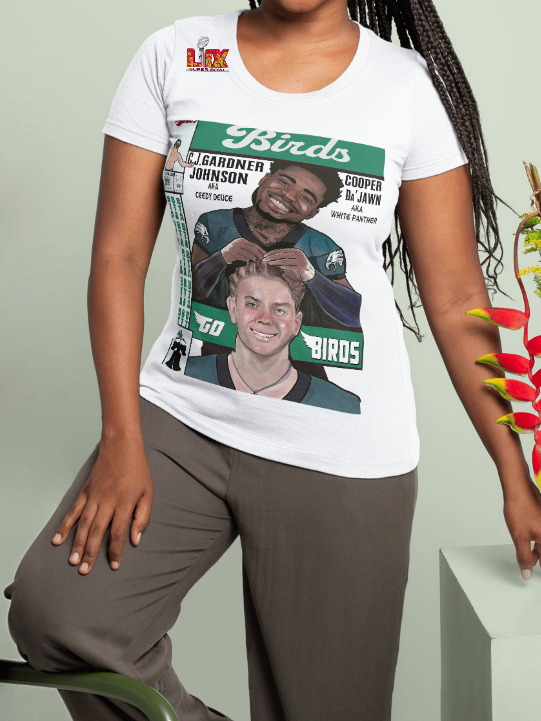 White t-shirt featuring a comic book-style illustration of two Philly football players with text "Birds," "Super Bowl," and nicknames "Ceedy Deuce" and "White Panther"