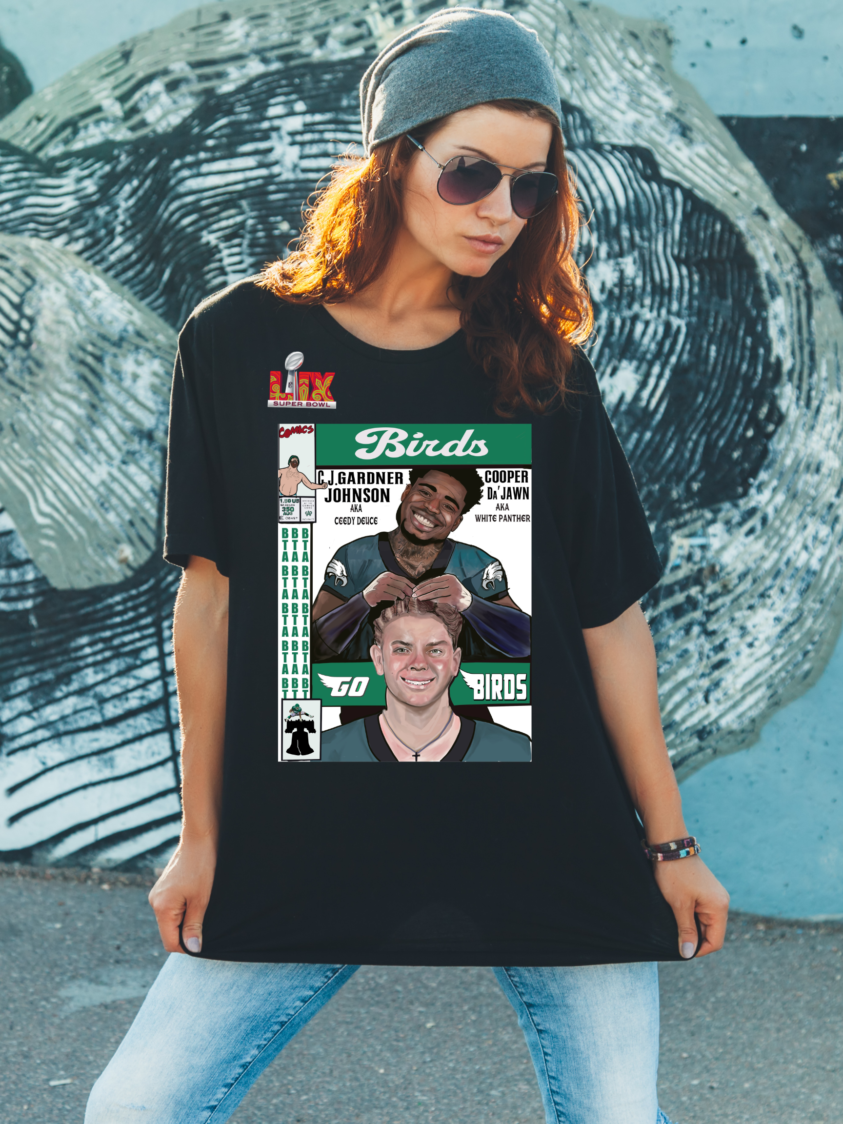 Black t-shirt featuring a comic book-style illustration of two Philly football players with text "Birds," "Super Bowl," and nicknames "Ceedy Deuce" and "White Panther"