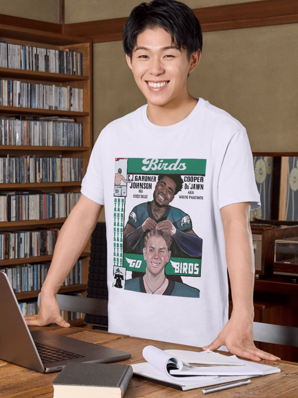 White t-shirt featuring a comic book-style illustration of two Philly football players with text "Birds," "Super Bowl," and nicknames "Ceedy Deuce" and "White Panther"
