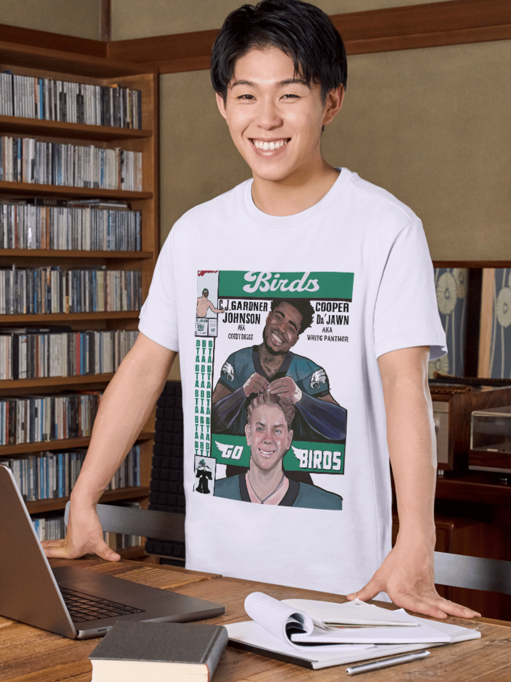 White t-shirt featuring a comic book-style illustration of two Philly football players with text "Birds," "Super Bowl," and nicknames "Ceedy Deuce" and "White Panther"