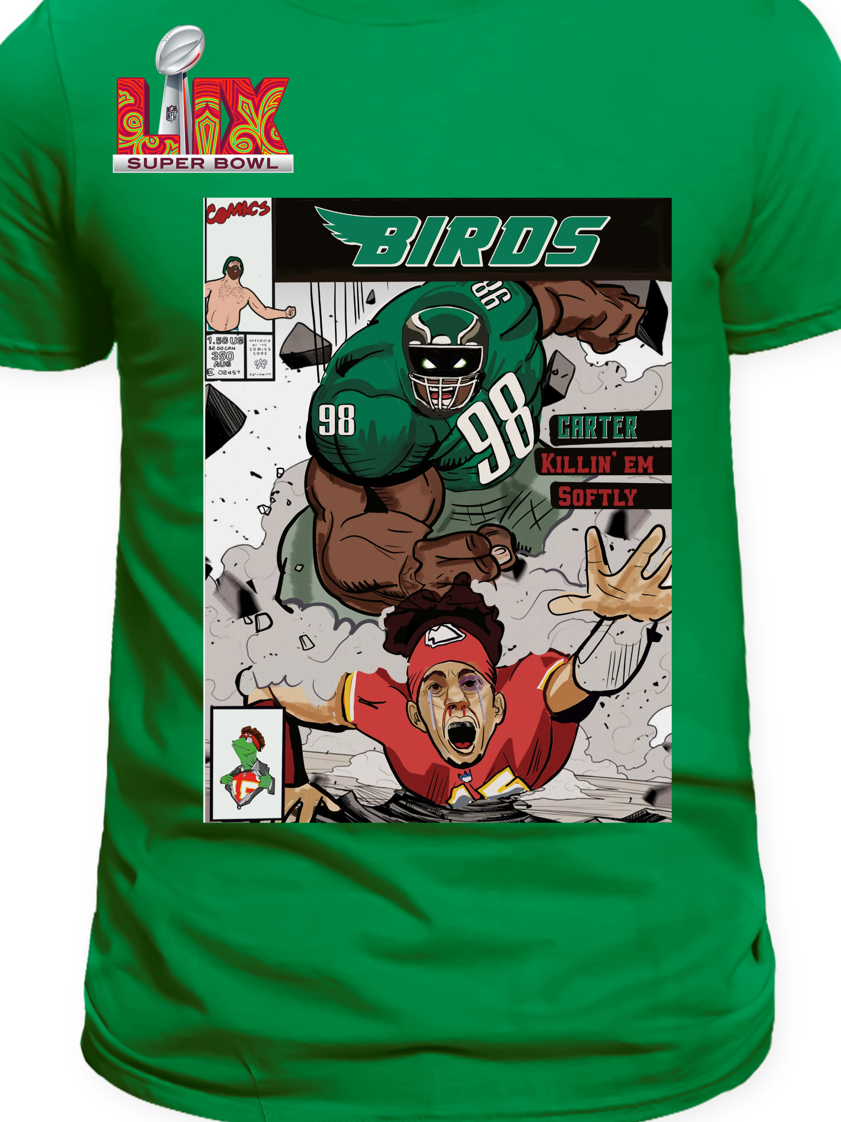 Birds inspired comic style t-shirt featuring a powerful green football player tackling rival in bold action graphic