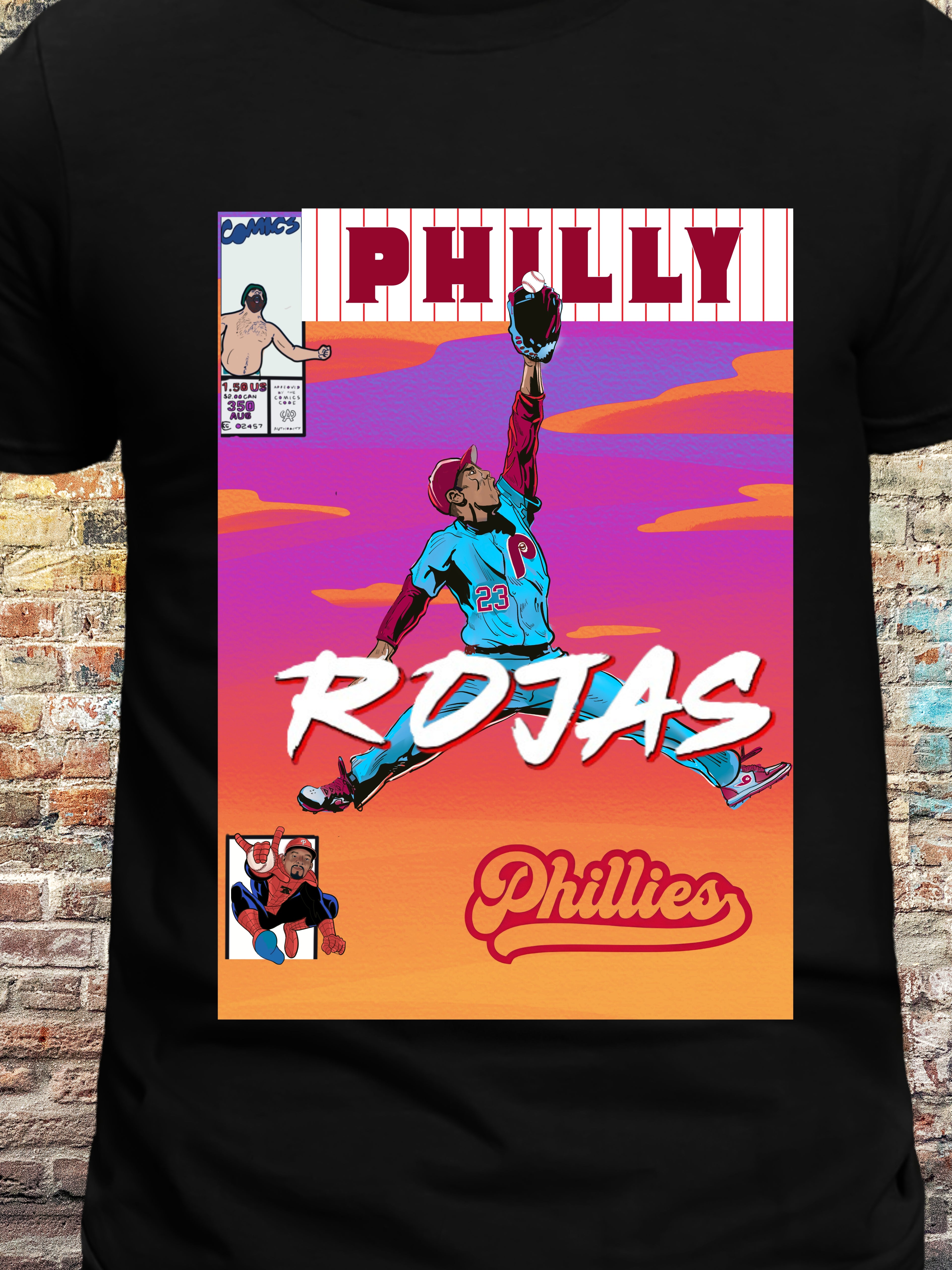 Illustration of Philly baseball player Rojas making a leaping catch in comic book style