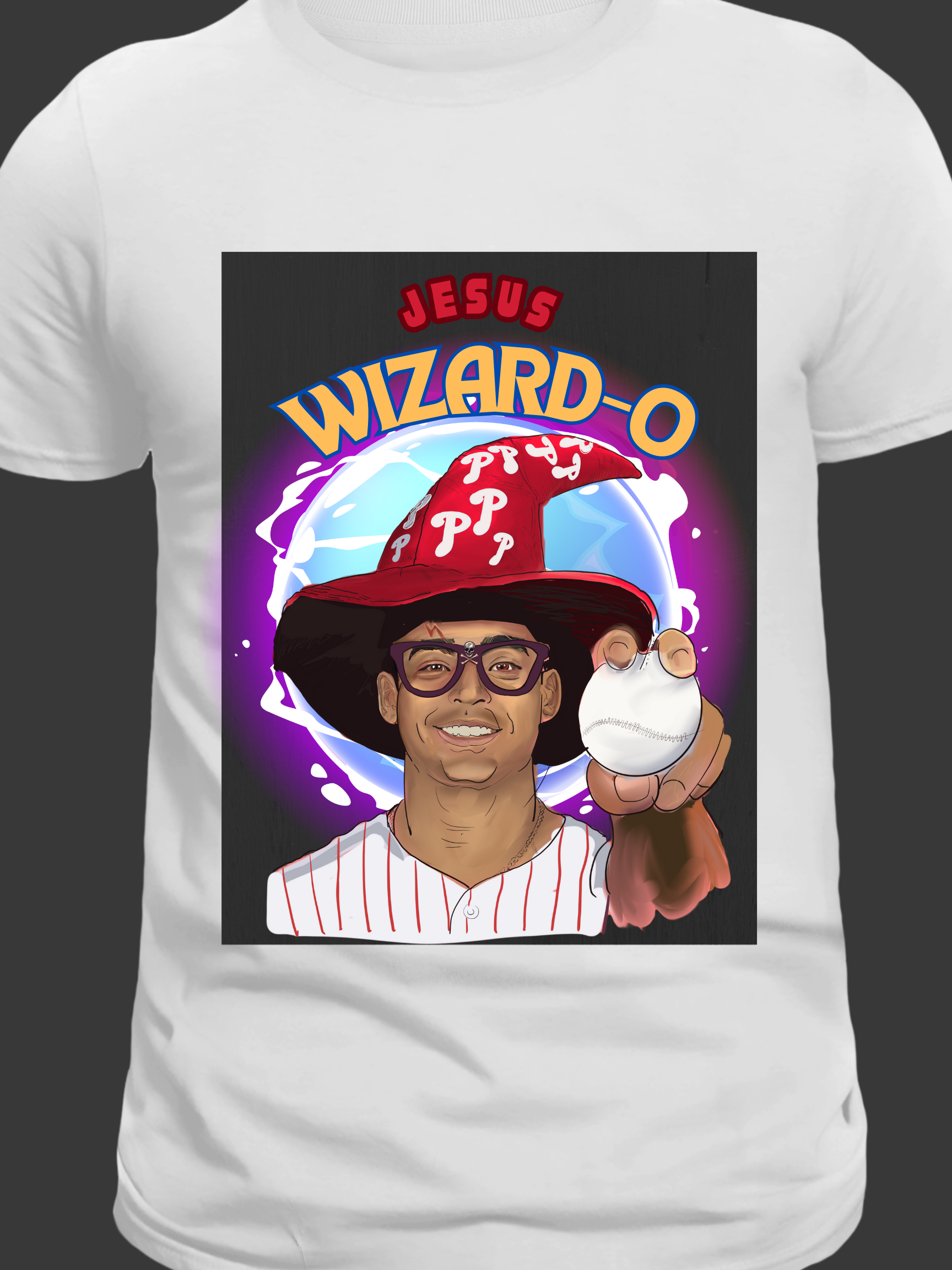 Fantasy-style Philly baseball fan art t-shirt featuring a smiling player in a wizard hat and glasses holding a baseball, with bold text 'Jesus Wizard-O' above
