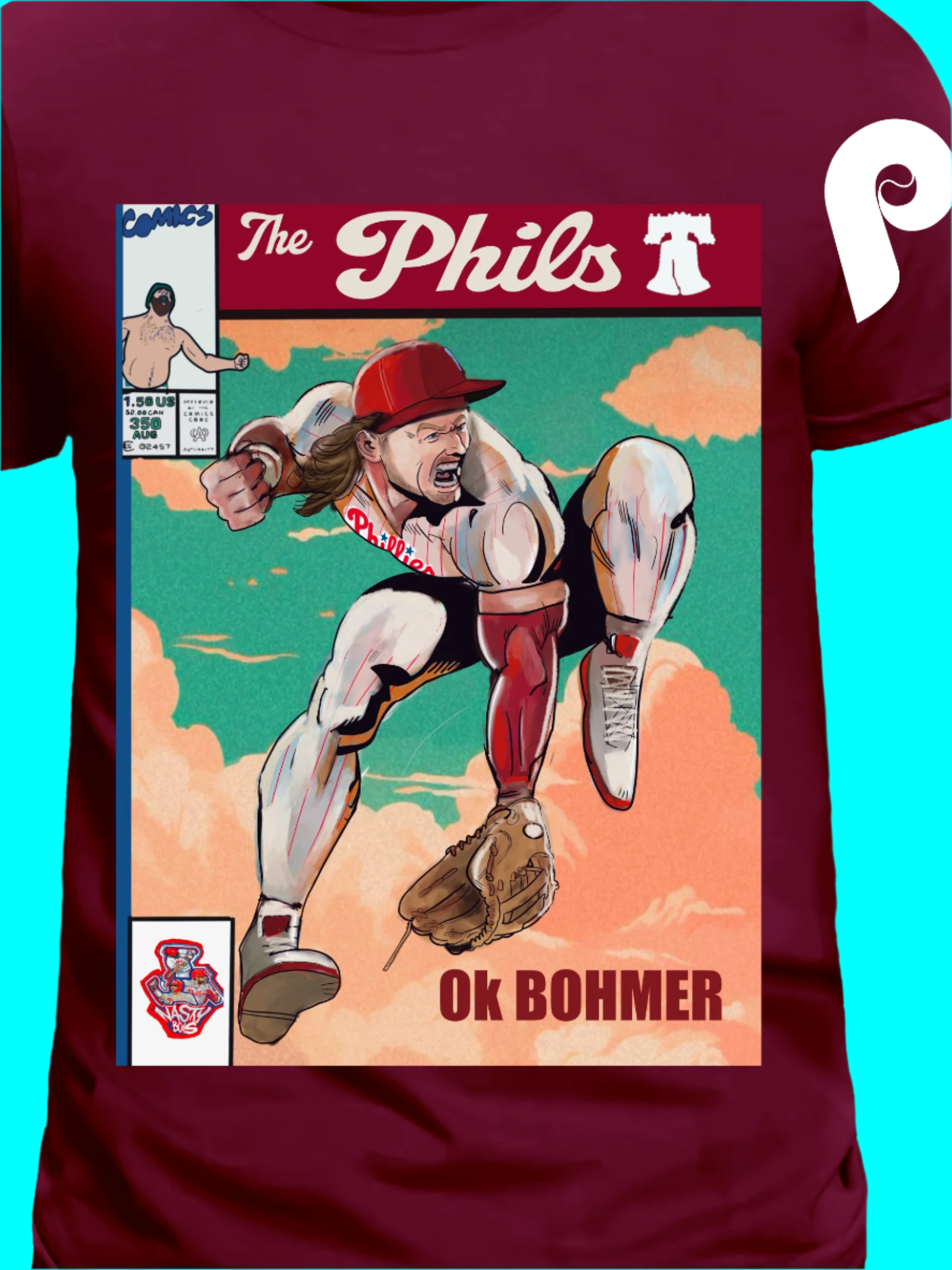Cartoon-style comic book t-shirt design featuring a muscular baseball player mid-action with "Ok Bohmer" text, inspired by Philly baseball fandom