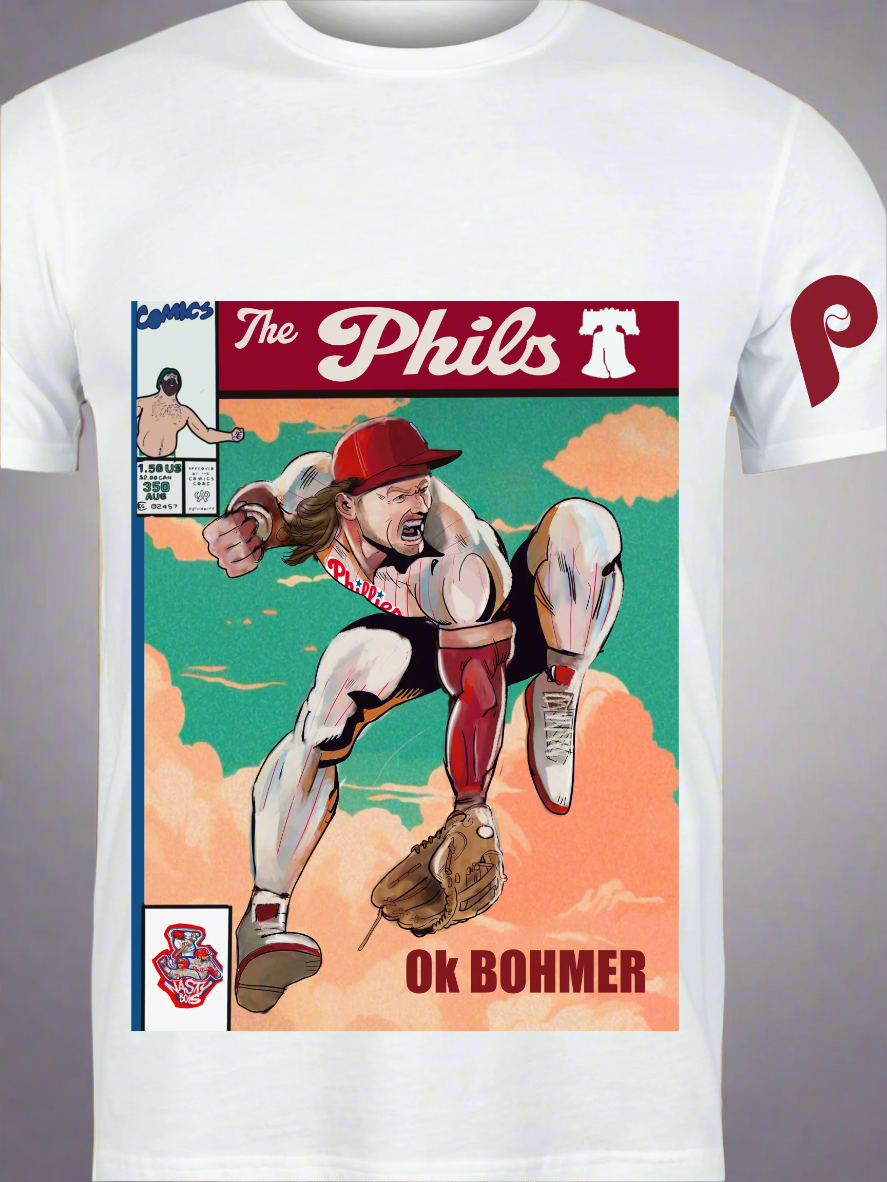 Cartoon-style comic book t-shirt design featuring a muscular baseball player mid-action with "Ok Bohmer" text, inspired by Philly baseball fandom.